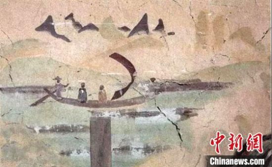 “一人搖櫓晃扁舟，兩人撐篙水上漂?！眻D為莫高窟第323窟《搖櫓帆船》（初唐）?！《鼗脱芯吭汗﹫D