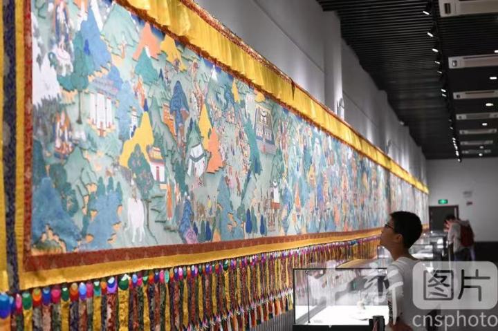 圖為一名小朋友觀看唐卡《涼州會(huì)盟》。 中新社記者 戴文昌 攝